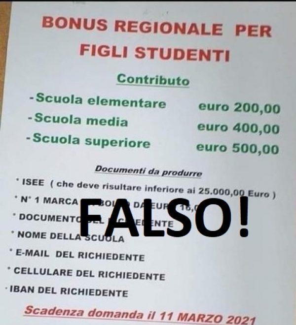 Segnalazione FALSO bonus della Regione Toscana